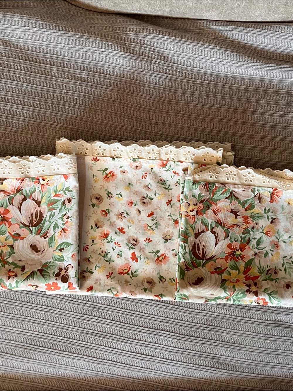Vintage 1970’s Marlborough Floral Pattern with Lace Trim - Cream Set of 3